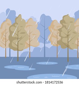 The drawing shows an autumn forest during a rainstorm.