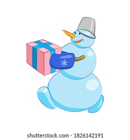 The drawing shows a cheerful snowman carrying a new years gift in his hands.