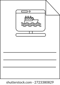 Desenho mostra uma tela de computador em papel exibindo um barco em água ondulada com três linhas abaixo