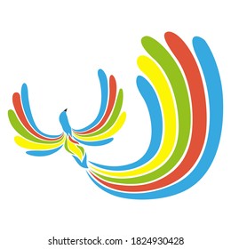 The drawing shows a flying bird with colorful feathers and a long tail.