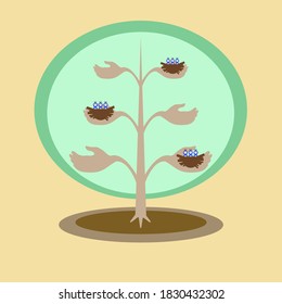 The drawing shows a green tree with bird nests on its branches.