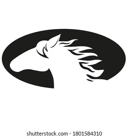 The drawing shows a horses head with a flowing mane. The drawing can be used as a logo or icon.