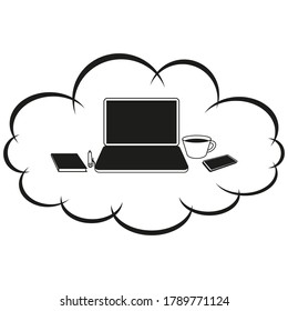 Die Zeichnung zeigt einen Laptop, Notepad, Stift, Smartphone und einen Cup Kaffee.