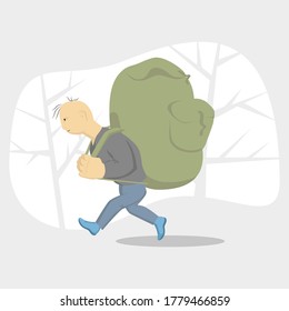 The drawing shows a man walking with a large backpack on his back.