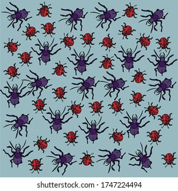 The drawing shows a pattern with insects, namely a ladybug and a ground beetle .