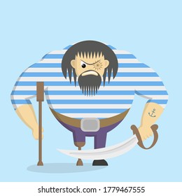 The drawing shows a pirate without one leg, with a crutch in one hand and a saber 
in the other.