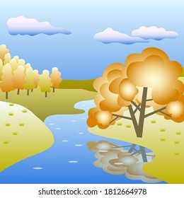 The drawing shows a river, hills, and trees with yellowed leaves.
