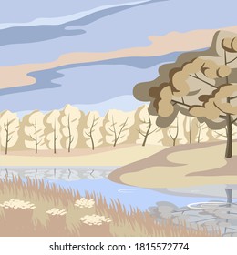 The drawing shows a river, hills, and trees with yellowed leaves.