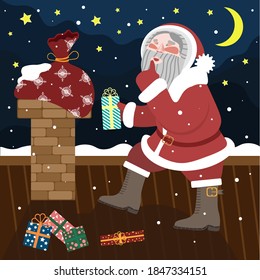 The drawing shows Santa Claus on the roof of the house,who is trying to get into the house to give gifts.