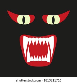 The drawing shows a snarling mouth and large red eyes on a black background.