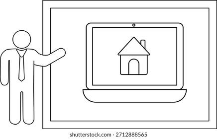 El dibujo muestra la figura del palillo que presenta el ordenador portátil con el icono de la casa en la pantalla fijada contra el fondo enmarcado