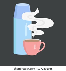 The drawing shows a thermos and a Cup of hot coffee.