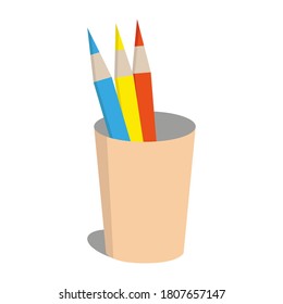 The drawing shows three colored pencils in an orange glass.