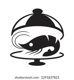 Drawing shrimp in food tray, black seafood symbol illustration on white background.