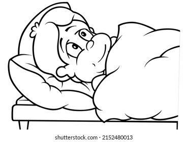 Zeichnung eines Sick Boy Lying in Bed - Cartoon Illustration einzeln auf weißem Hintergrund, Vektorgrafik