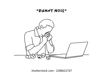 Drawing of sick entrepreneur blowing in a wipe at office with a lot of used wipes on the desk. line art style
