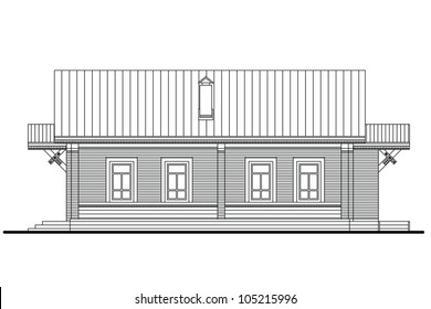 Drawing of a side facade of small wooden house with four windows