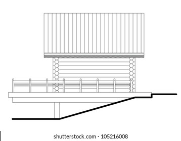 Drawing of a side facade of small wooden sauna with terrace