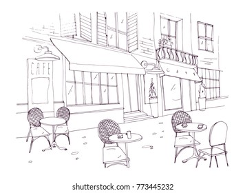 Drawing of sidewalk cafe or restaurant with tables and chairs standing on city street beside antique building with awning hand drawn with contour lines on white background. Vector illustration.