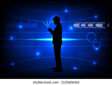 drawing silhouette business man hold smartphone, connection technology concept using smartphone vector illustration