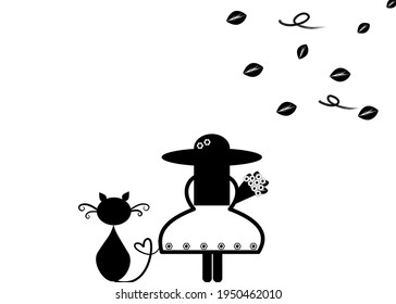 Drawing silhouette cat and woman on white background blank space for writing the text 