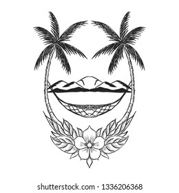 Drawing silhouette landscape nature tropical with graphic mountain, coconut tree, floral and swing. Best drawing linear emblem. Vector illustration EPS.8 EPS.10