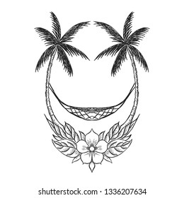Drawing silhouette landscape nature tropical with graphic, coconut tree, floral and swing for element design. Best drawing linear emblem. Vector illustration EPS.8 EPS.10