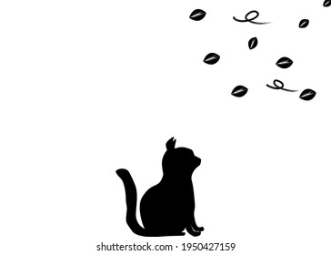 Drawing silhouette lonely cat with windy and dry leaves for alone , lonely and sadness concept blank space for writing the text 