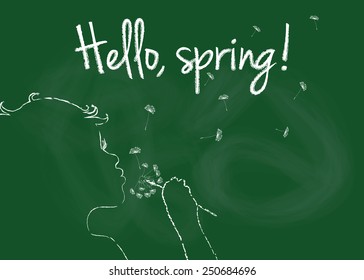 Drawing silhouette of spring girl, and text "Hello spring" on blackboard. Vector EPS10.