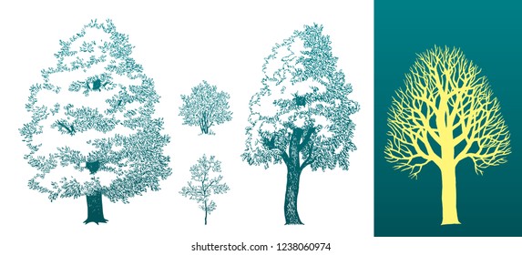 drawing silhouettes of trees and shrubs. vector illustration
