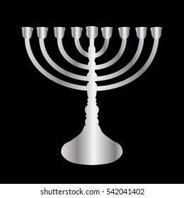 Drawing of a silver silhouette of a menorah Chanukia - Traditional Jewish candle holder for the nine candles. Candles are lit on Hanukkah