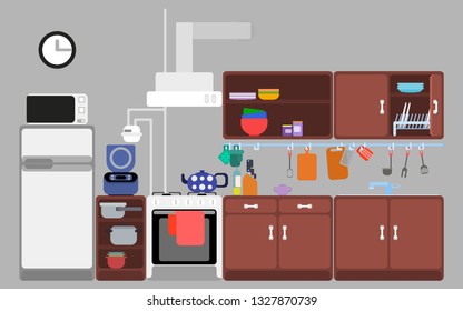drawing simple kitchen on a gray background flat style