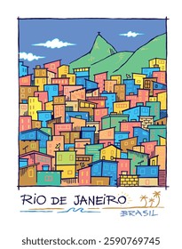 Drawing with simple and uncluttered lines of a favela landscape in the city of Rio de Janeiro, Brazil.