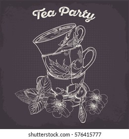 Drawing with simulated sketch with chalk. Vector illustration with the words Tea Party in vintage style. The composition of the tea cups on a saucer with teaspoon. Teacups with peppermint and flowers.