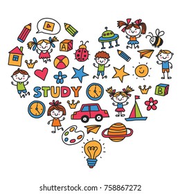 Drawing, singing Exploration Sport Kindergarten, preschool, nursery Children play Kids drawings patterns with doodle icons Space, adventure, imagination and creativity