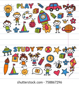 Drawing, singing Exploration Sport Kindergarten, preschool, nursery Children play Kids drawings patterns with doodle icons Space, adventure, imagination and creativity