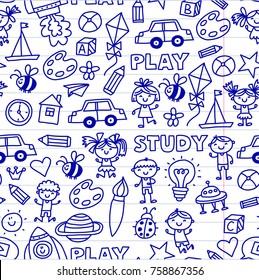 Drawing, singing Exploration Sport Kindergarten, preschool, nursery Children play Kids drawings patterns with doodle icons Space, adventure, imagination and creativity