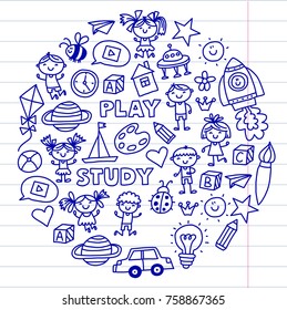 Drawing, singing Exploration Sport Kindergarten, preschool, nursery Children play Kids drawings patterns with doodle icons Space, adventure, imagination and creativity