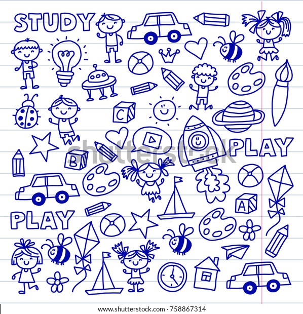 Drawing, singing Exploration\
Sport Kindergarten, preschool, nursery Children play Kids drawings\
patterns with doodle icons Space, adventure, imagination and\
creativity