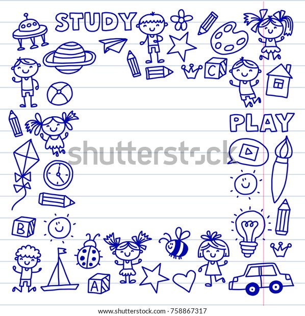 Drawing, singing Exploration\
Sport Kindergarten, preschool, nursery Children play Kids drawings\
patterns with doodle icons Space, adventure, imagination and\
creativity