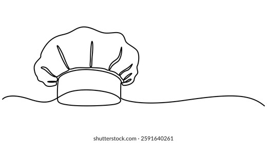 Drawing of a single continuous line of a chef's hat .  Symbol of cafe , cooking in a simple one line style.  Vector editable illustration, Chef Hat Continuous Line Icon, One line drawing illustration.