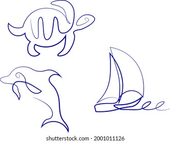 Drawing in single line style clip art with sea animals and sailboat