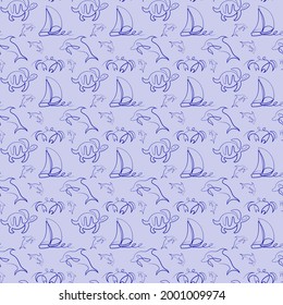 Drawing in single line style seamless pattern with sea animals and sailboat