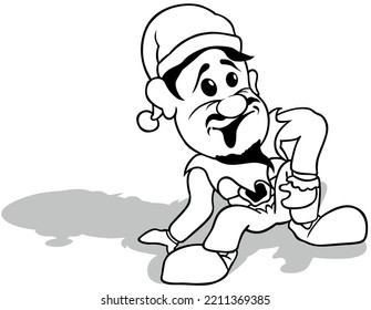 Drawing of a Sitting Bearded Dwarf on the Ground - Cartoon Illustration Isolated on White Background, Vector