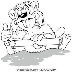 Drawing of a Sitting Beaver with a Crayon in his Paw - Cartoon Illustration Isolated on White Background, Vector