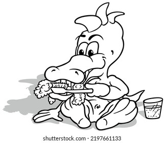 Zeichnung eines sitzenden Krokodils, der seine Zähne mit einem Zahnbürsten zerkleinert - Cartoon Illustration einzeln auf weißem Hintergrund, Vektorgrafik