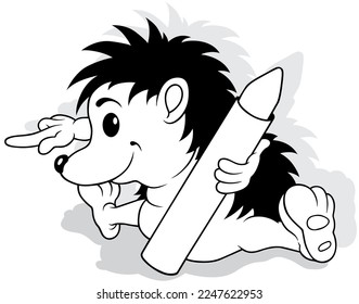 Drawing of a Sitting Hedgehog with a Wax Crayon in his Paw - Cartoon Illustration Isolated on White Background, Vector