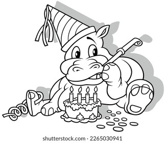 Drawing of a Sitting Hippo at a Celebration with Cake and Decorations - Cartoon Illustration Isolated on White Background, Vector