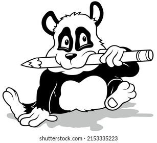 Drawing of a Sitting Panda Bear with a Crayon in his Mouth - Cartoon Illustration Isolated on White Background, Vector