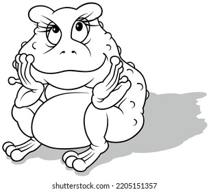 Drawing of a Sitting Pensive Frog - Cartoon Illustration Isolated on White Background, Vector